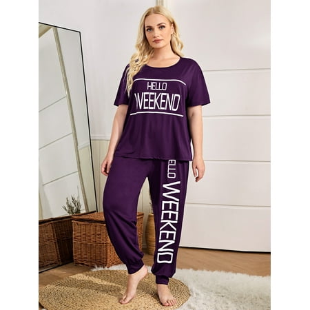 

Casual Women s Plus Short Sleeve Slogan Graphic Pajama Set Purple 3XL(18) for Summer F220102Y
