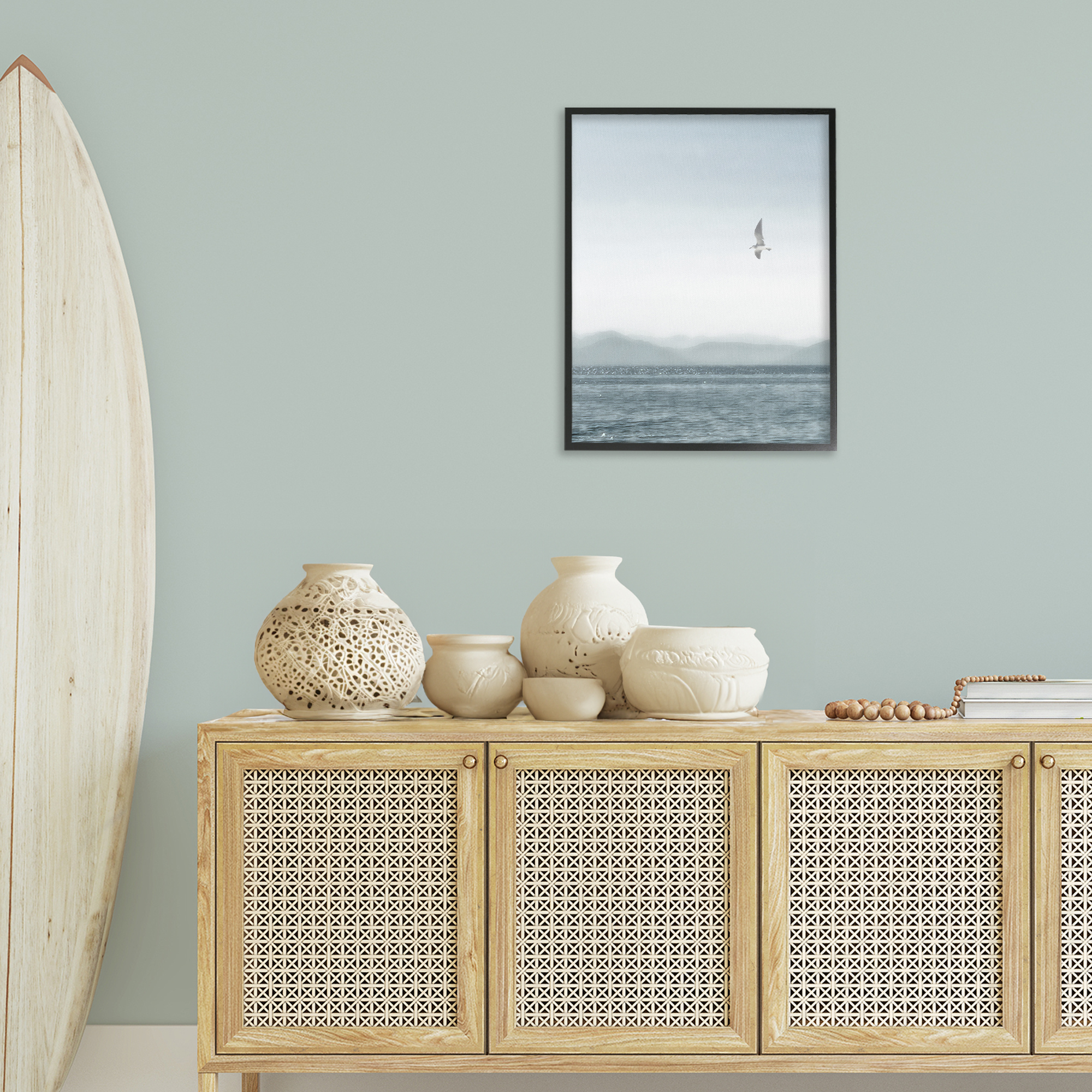 Stupell Industries Lone Gull over Sea Coastal Painting Black Framed Art Print Wall Art, 24 x 30