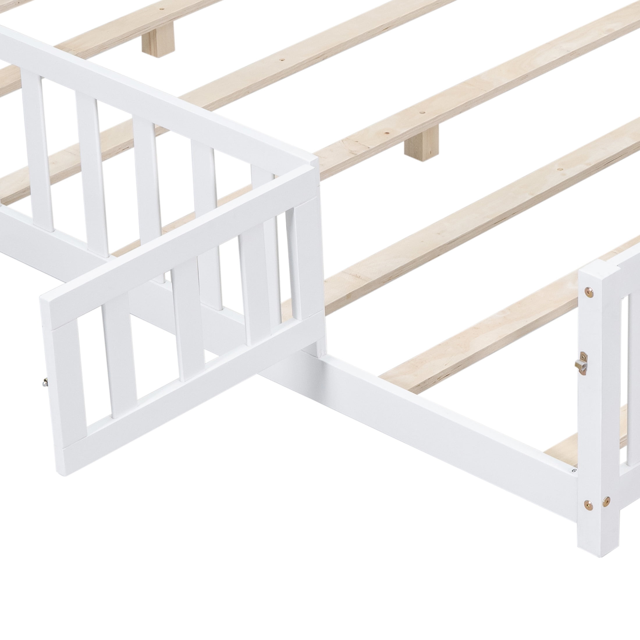 Noble House Full-Size Montessori Floor Platform Bed, Solid Wood Floor Beds with Fence & Door, Toddler-Safe, White