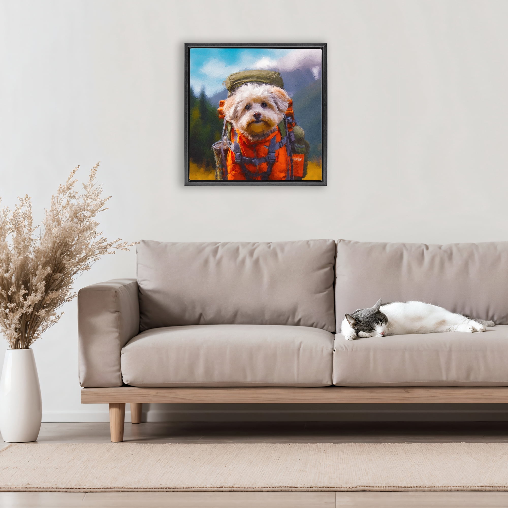 Stupell Industries Adventuring Hiker Dog Black Framed Floater Canvas Wall Art, design by Sean Parnell