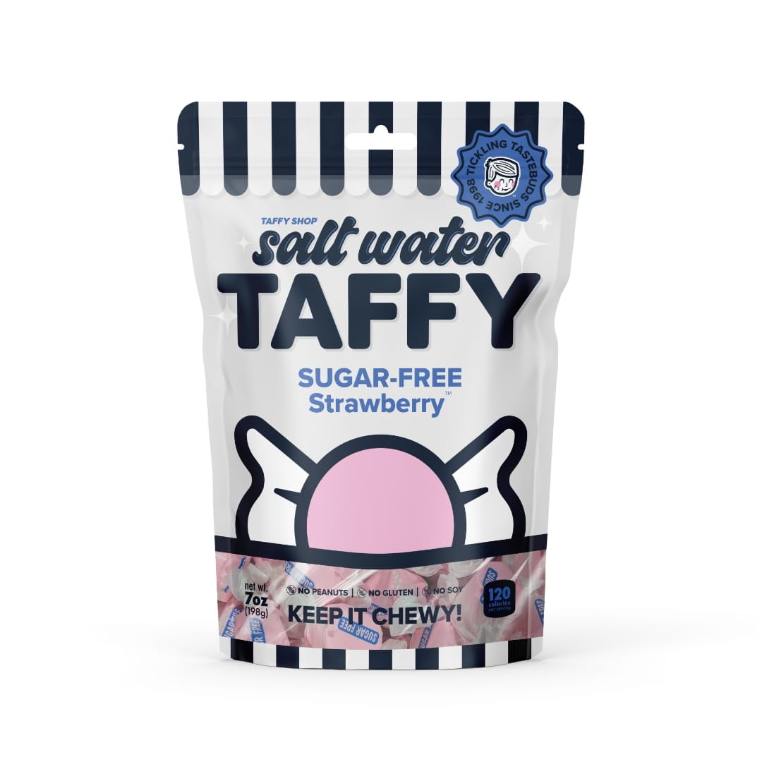 Taffy Shop Sugar Free Fresh Strawberry Salt Water Taffy - Small Batch Salt Water Taffies Made in the USA - Super Soft and Sweet - Guaranteed Fresh - Gluten-Free Soy-Free Peanut-Free - Family (32oz)