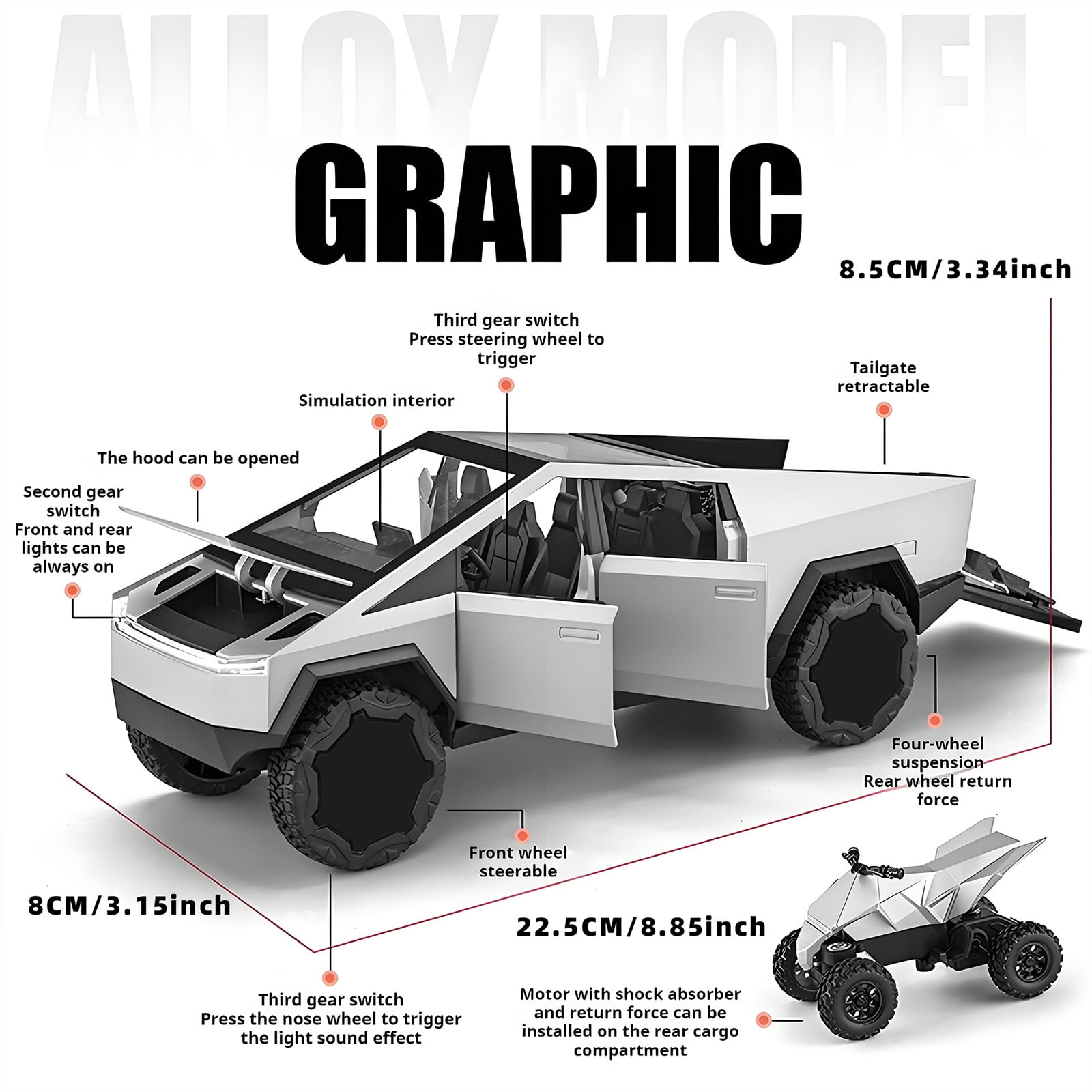 Anmyjuly Toy Trucks Model Pickup Motorcycle Silver Alloy 1/24 Diecast Vehicles with Sound and Light
