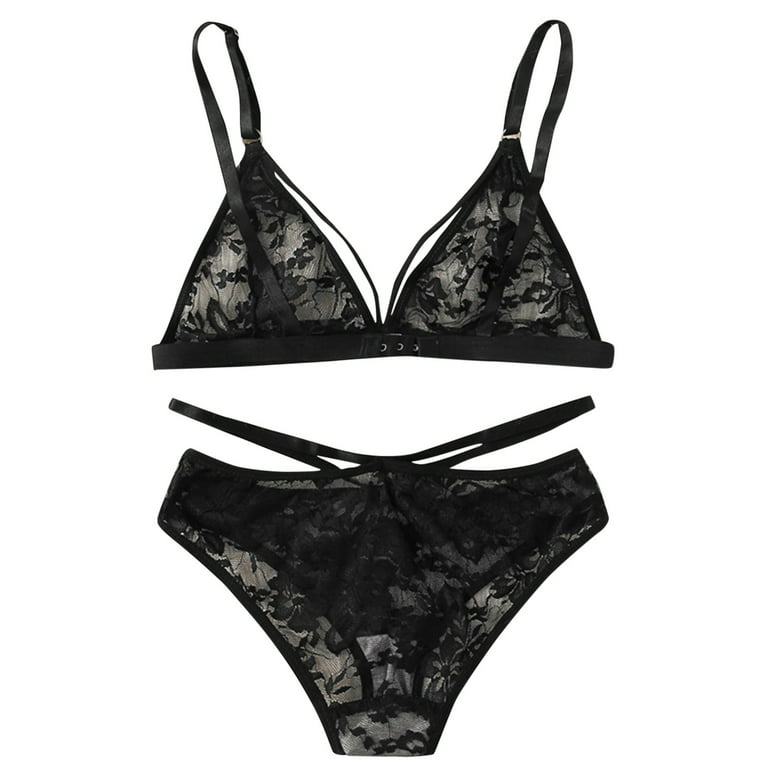 Matching Bra And Panty Sets,Scalloped Floral Lace, Underwire, High Cut  Thong, 2 Pieces Lingerie(L,Black)