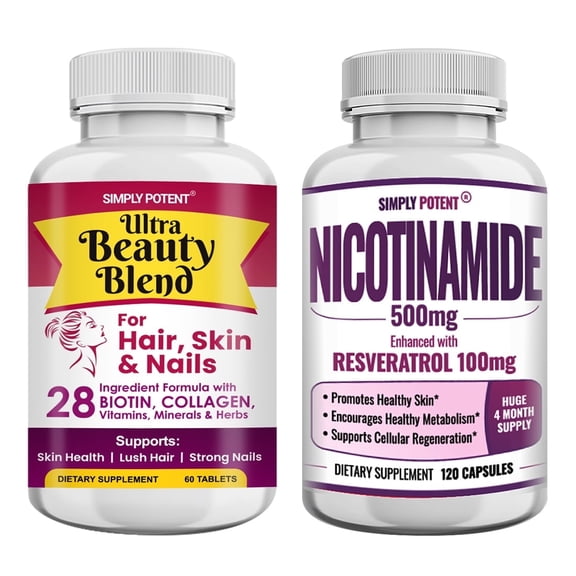 Simply Potent Nicotinamide 500mg with Resveratrol 100mg & Ultra Beauty Blend with Biotin Vitamins for Hair, Skin & Nails Supplements Bundle