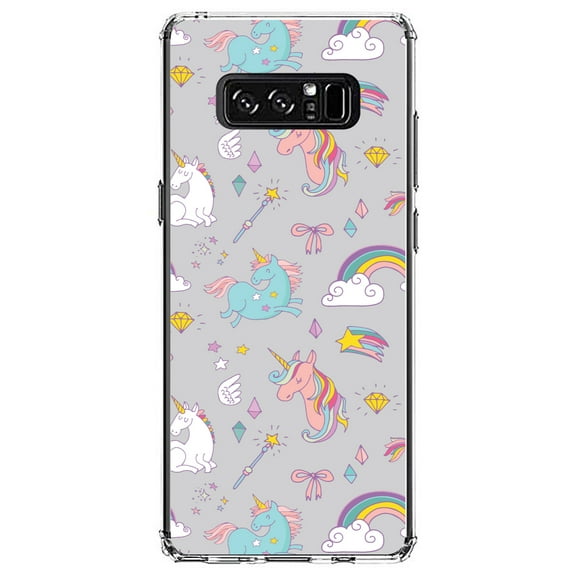 DistinctInk Clear Shockproof Hybrid Case for Samsung Galaxy Note 8 - TPU Bumper, Acrylic Back, Tempered Glass Screen Protector - Unicorn Rainbow Wand Pattern - Grey