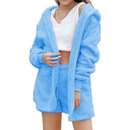 

Colisha Women s Warm Fuzzy 3 Piece Outfit Pajamas Sherpa Hooded Cardigan Outwear Sleeveless Crop Tops Shorts Nightwear Set Sky Blue 3XL