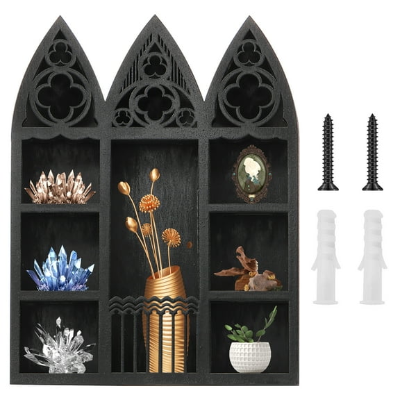 Gothic Window Crystal Shelf Display Wooden Crystal Display Rack Wall Mounted Gem Stone Rock Storage Holder Exquisite Crystal Wall Shelf Essential Oil Shelf for Home Living Room