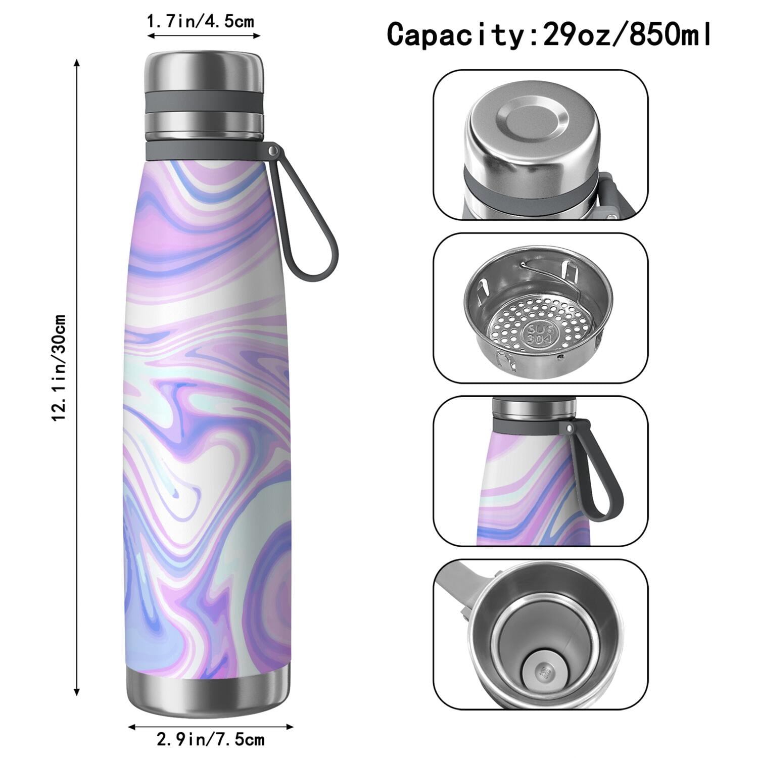 29oz Insulated Water Bottle with Tea Infuser, Stainless Steel Travel Mug, Liquid & Marble Print