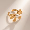 thumbnail image 4 of Women's Stainless Steel Bowknot Pearl Finger Ring - Fashion Commuting Style, 4 of 5