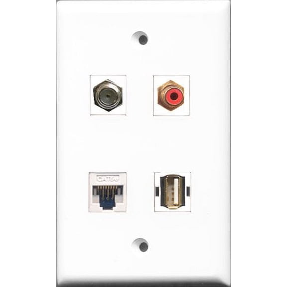 RiteAV 1 Port RCA Red and 1 Port Coax Cable TV- F-Type and 1 Port USB A-A and 1 Port Cat5e Ethernet White Wall Plate