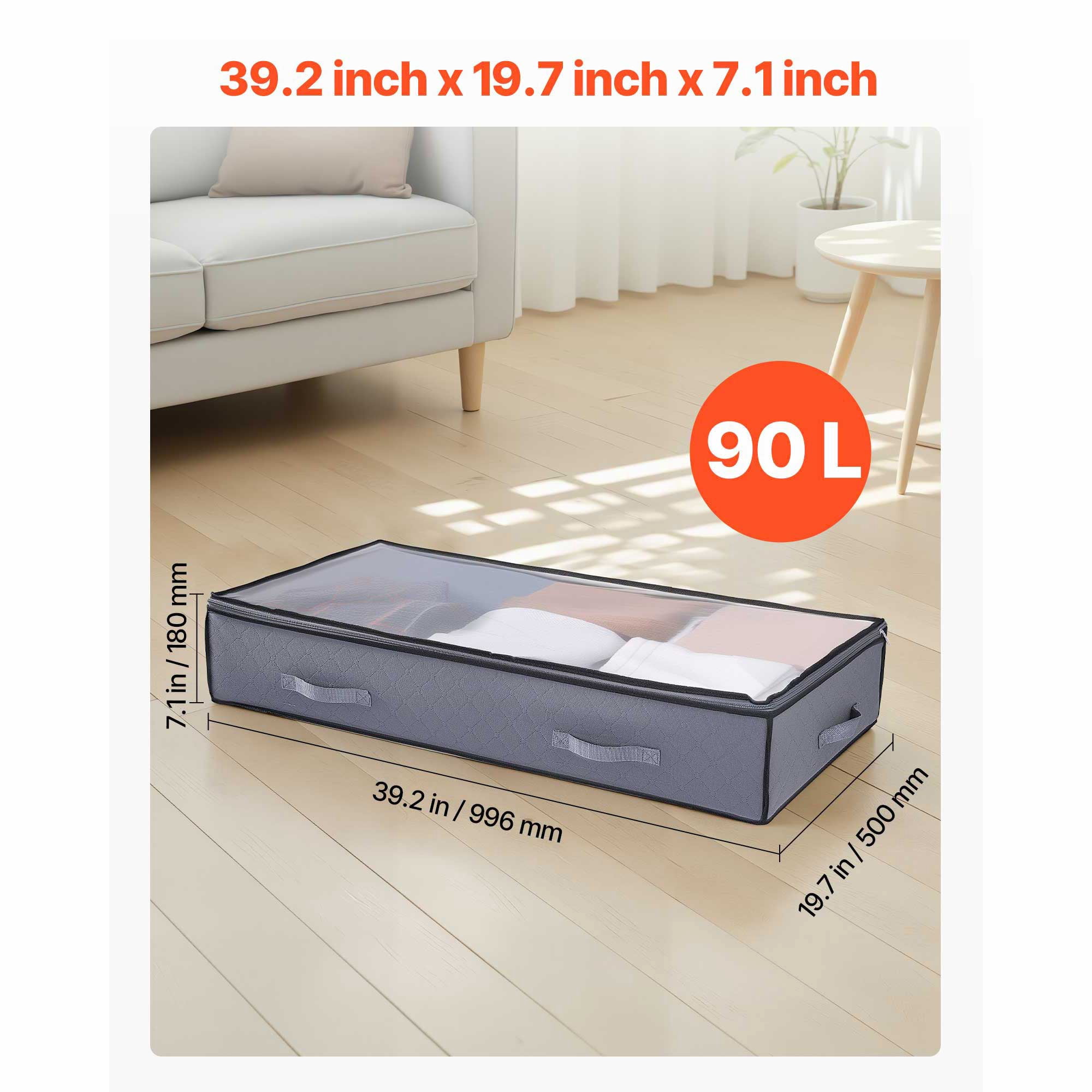 KFFKFF Under Bed Storage with Transparent Lids, 39.2 x 19.7 x 7.1 Inch, 90L Large Capacity Containers, Slim Underbed Drawer and Organizer for Shoes, Blankets, and Bedroom Essentials, Set of 4