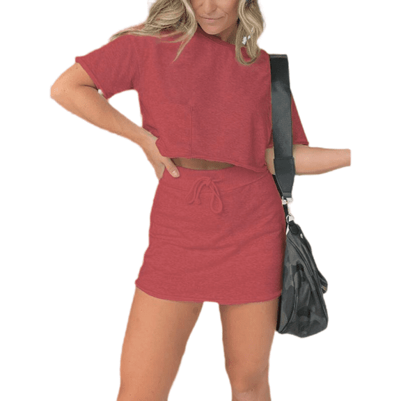 LYMAYTER Short Skirt Sets for Women Casual Tee Skort Set Summer Solid Color Drawstring Sweat Skirt Sets S-3XL