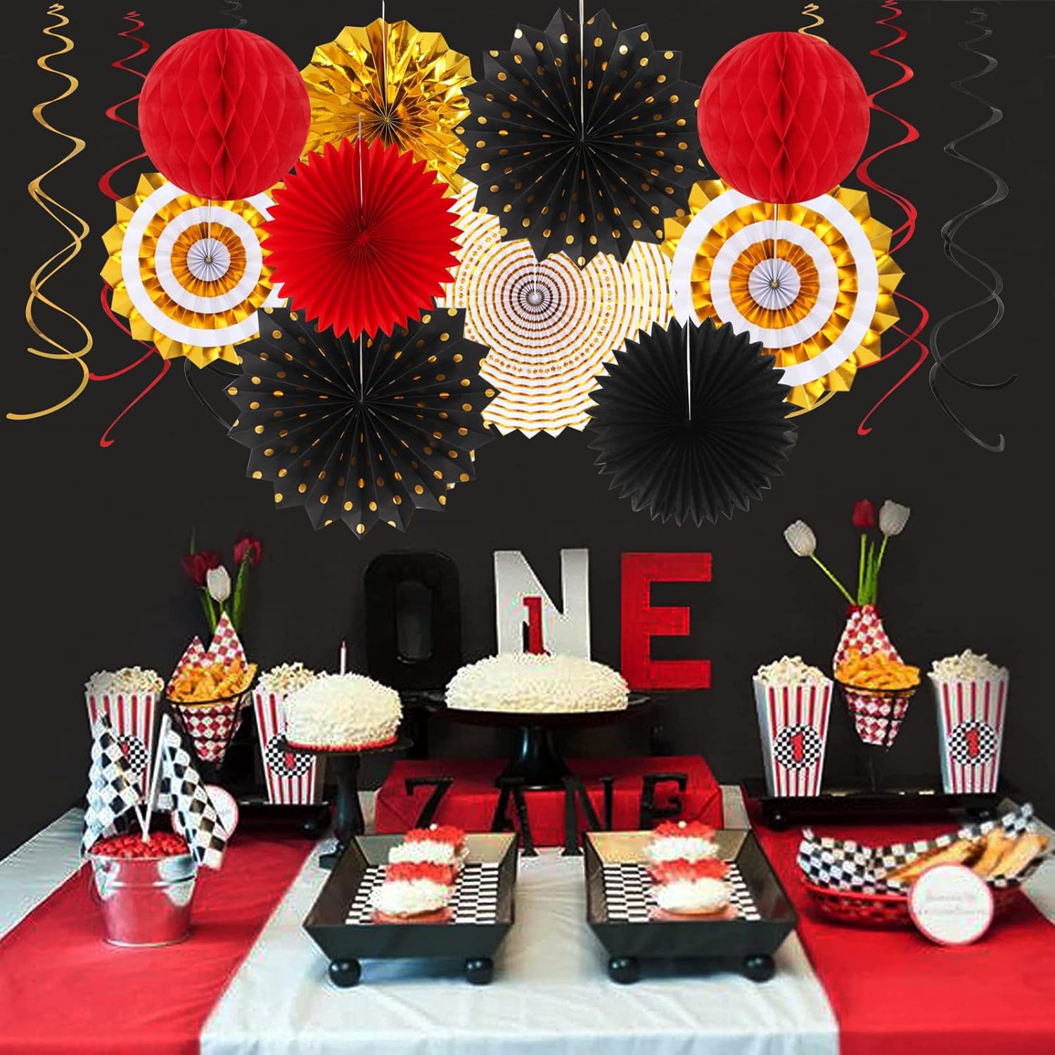 NestE Red Black-Gold Casino Theme Party-Decorations - 33pcs Kits Game Night Graduation Banner, StreamersTassel Garland,Tissue Pom Poms Honeycomb, Paper Lantern Fans,Wedding Birthday Baby Shower Decor