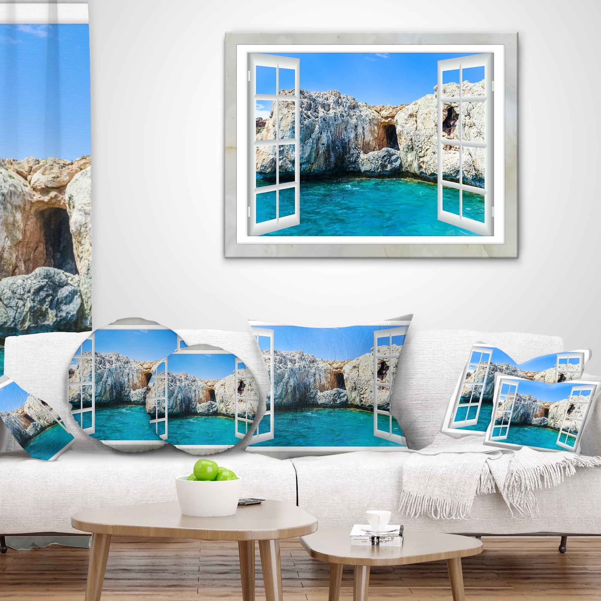 Designart Window Open to Sunny Summer Sea - Seashore Throw Pillow - 16x16