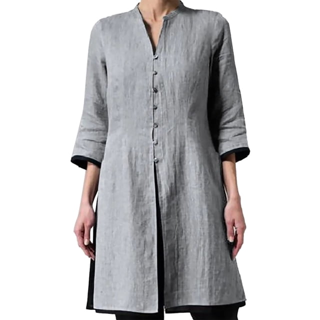 Hauts d'Été pour Femmes, 2024 Cardigans d'Entraînement Grande Taille Habillé Décontracté Coton Lin Moyen Long Coupe Ajustée Taille Coupe Ajustée Manches Cardigan Chemise Gris