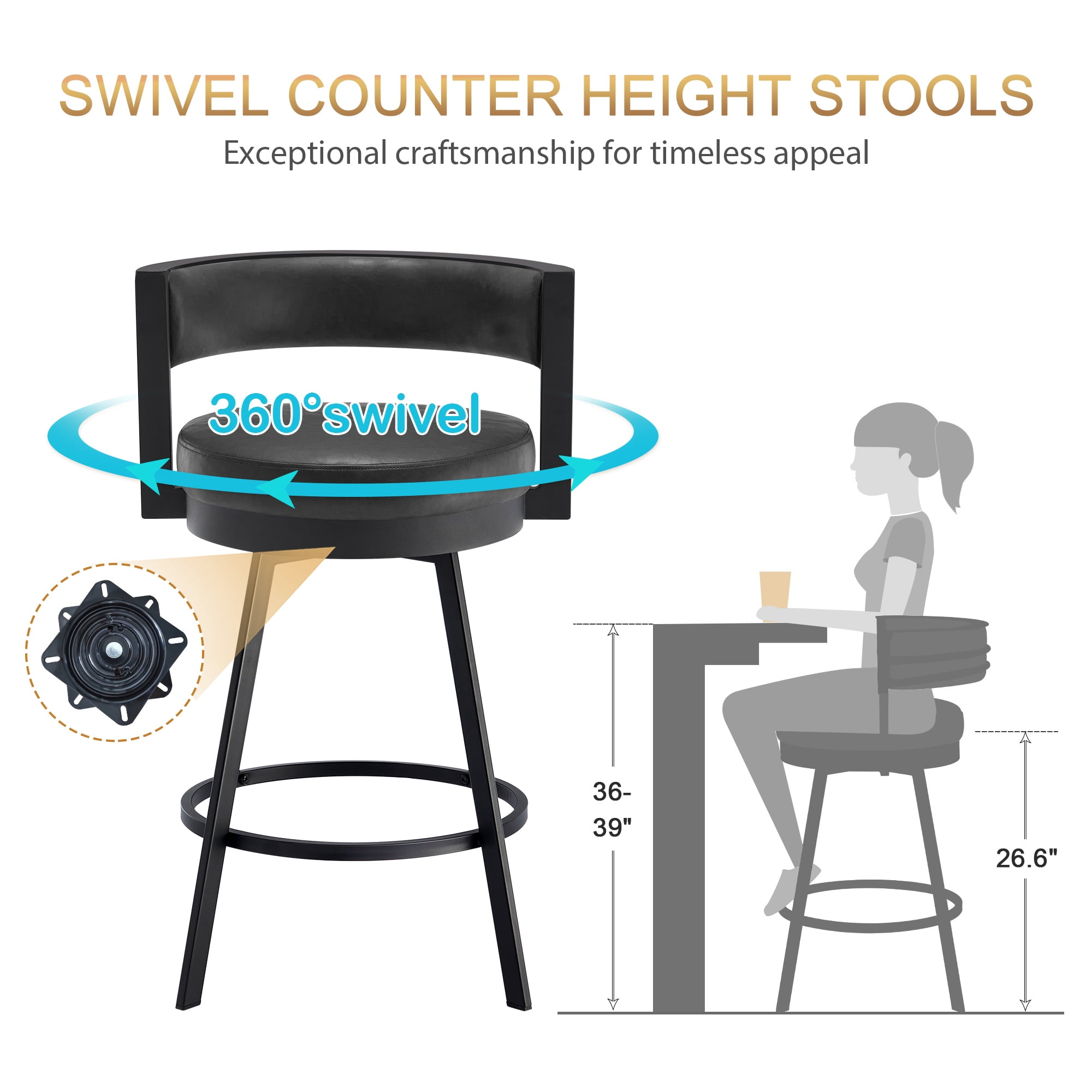 Zesthouse 26.6″ Swivel Bar Stools Set of 2, Faux Leather Upholstered Counter Stools with Barrel Back and Metal Legs, Modern Counter Height Barstools for Kitchen Island, Dark Gray