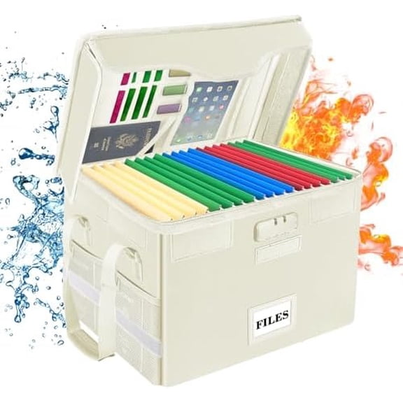 Fireproof Document Box with Lock,File Storage Organizer with Zipper Pockets,Collapsible Portable File Box Home Office Safe Filing Cabinet with Handle for Hanging Letter/Legal Folders,Beige