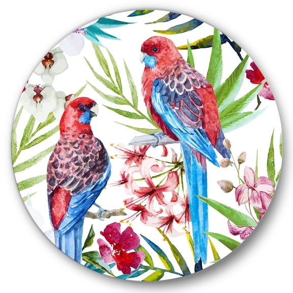 Designart 'Rosella Birds Sitting On Flowers Tree Branch' Traditional Circle Metal Wall Art 36x36 - Disc of 36