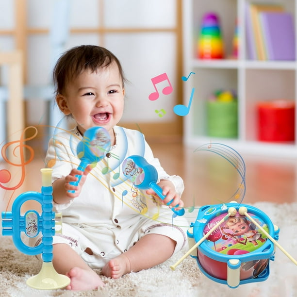 Juego de juguetes musicales para aprendizaje temprano | Tambor, sonajero y trompeta para bebés | Regalo seguro de plástico ABS para niños y niñas