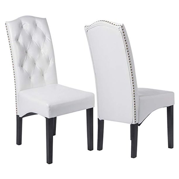 Merax High Back Nailhead Dining Chair, 2Piece Set, White PU Leather