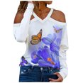 thumbnail image 1 of Blouse à Manches Longues pour Femmes, Mode Décontractée, Manches Longues, Épaules Dénudées, Col en V, Imprimé Papillon, 1 of 5