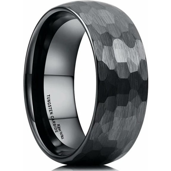 King Will 8mm Hammered Tungsten Rings for Men Women Domed Black Matte Brushed Engagement Mens Wedding Band Comfort Fit Size 10