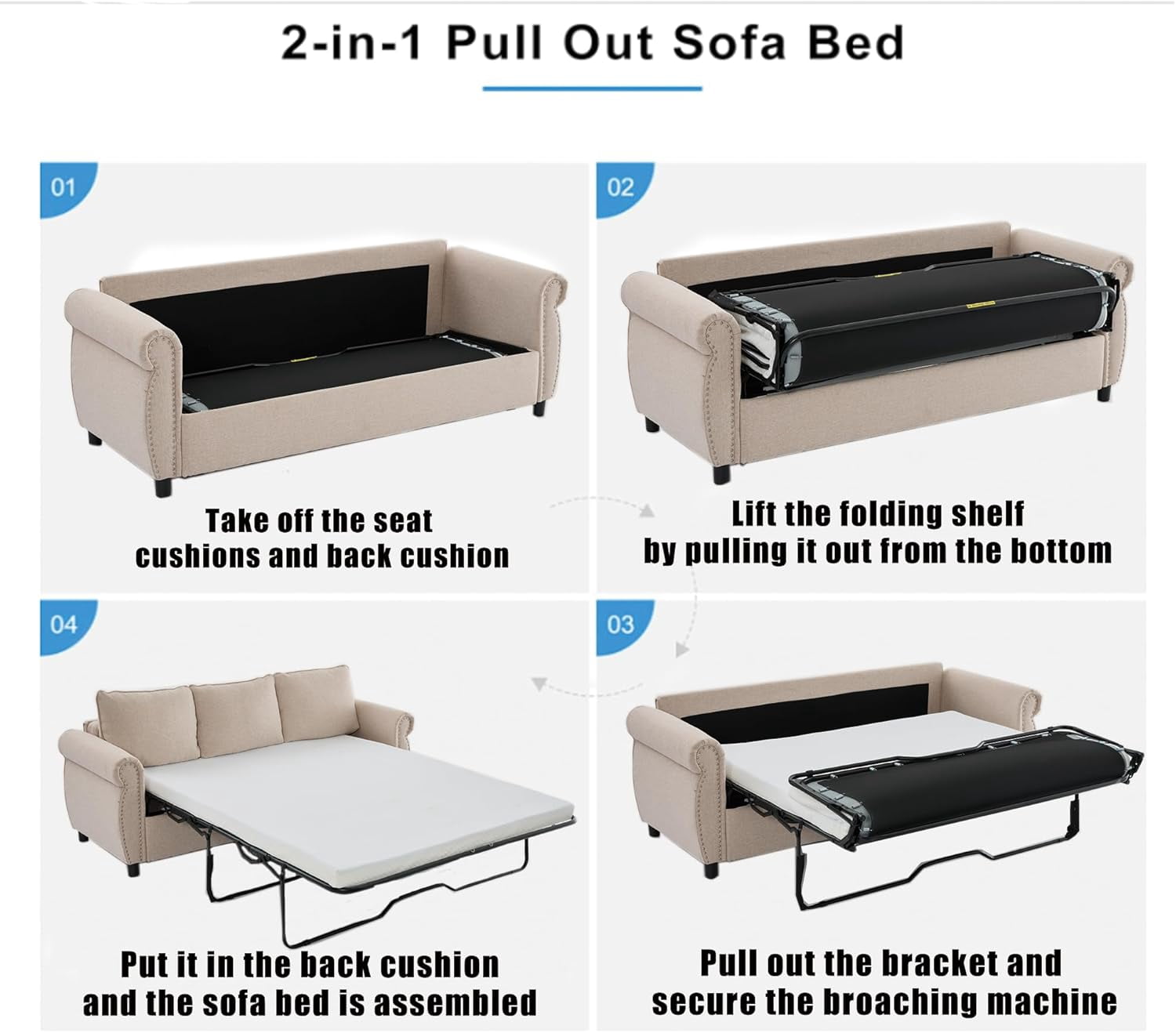 Sleeper Sofa Bed Full Size, Pull Out Couch with Mattress, 81.5'' 3 Seater Upholstery Sectional Couches, Modern Linen Convertible Sofa, Living Room Furniture for Small Spaces, Apartment, Beige