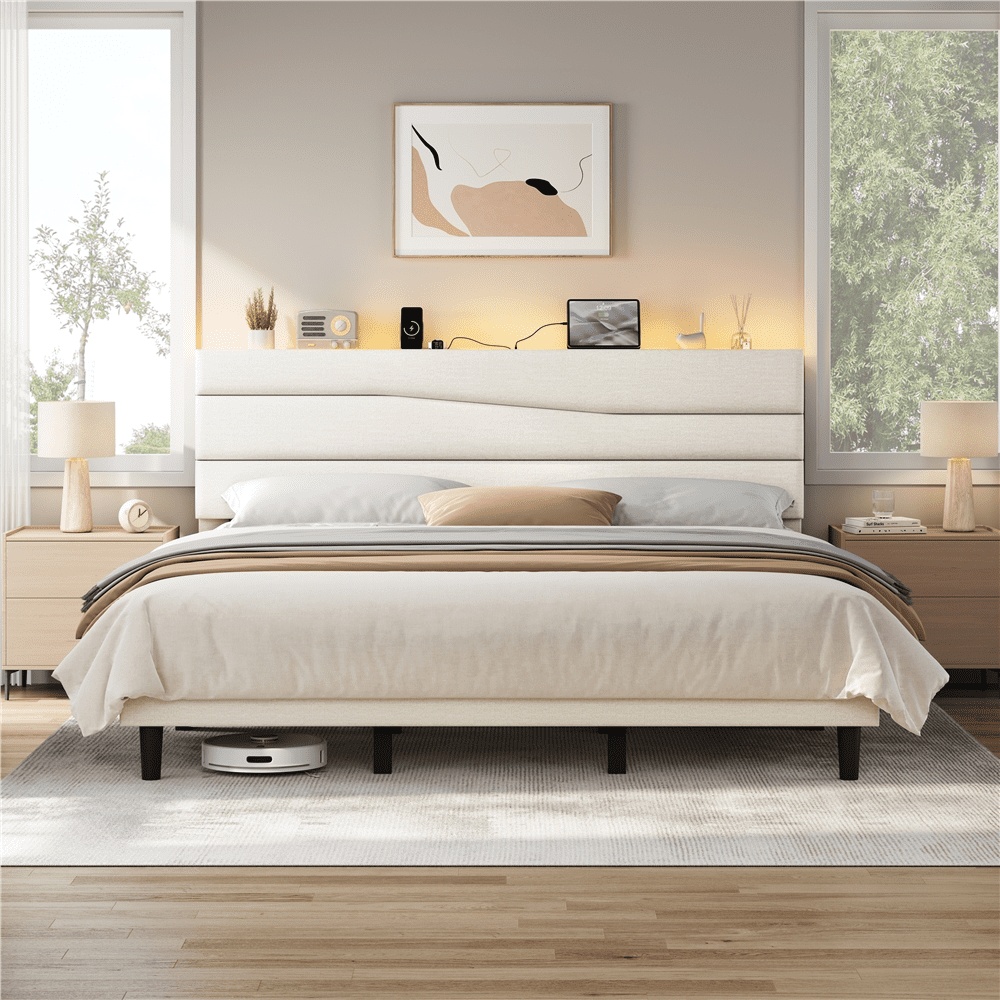 Renwick King Upholstered Bed Frame with Charging Station, Beige
