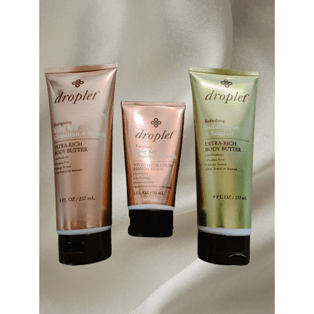 Droplet 3-Piece Hydrating Body Care Set – Energizing Ruby Red Grapefruit   Neroli Body Butter (8 oz), Vivid Hydration Hand Cream (3 oz), and Refreshing Indian Lotus   Seagrass Body Butter (8 oz)