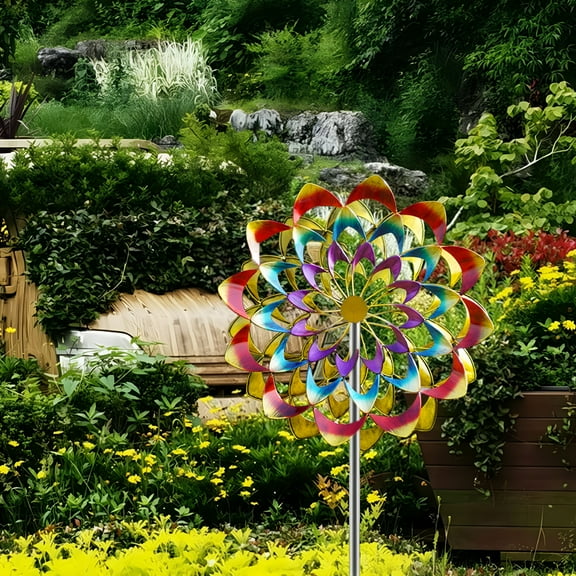 ACDANC Colorful Flower Wind Spinner with Stake Weather-proof Outdoor Garden Yard Lawn Metal Rotary Windmill Ground Spike Decoration multicolor