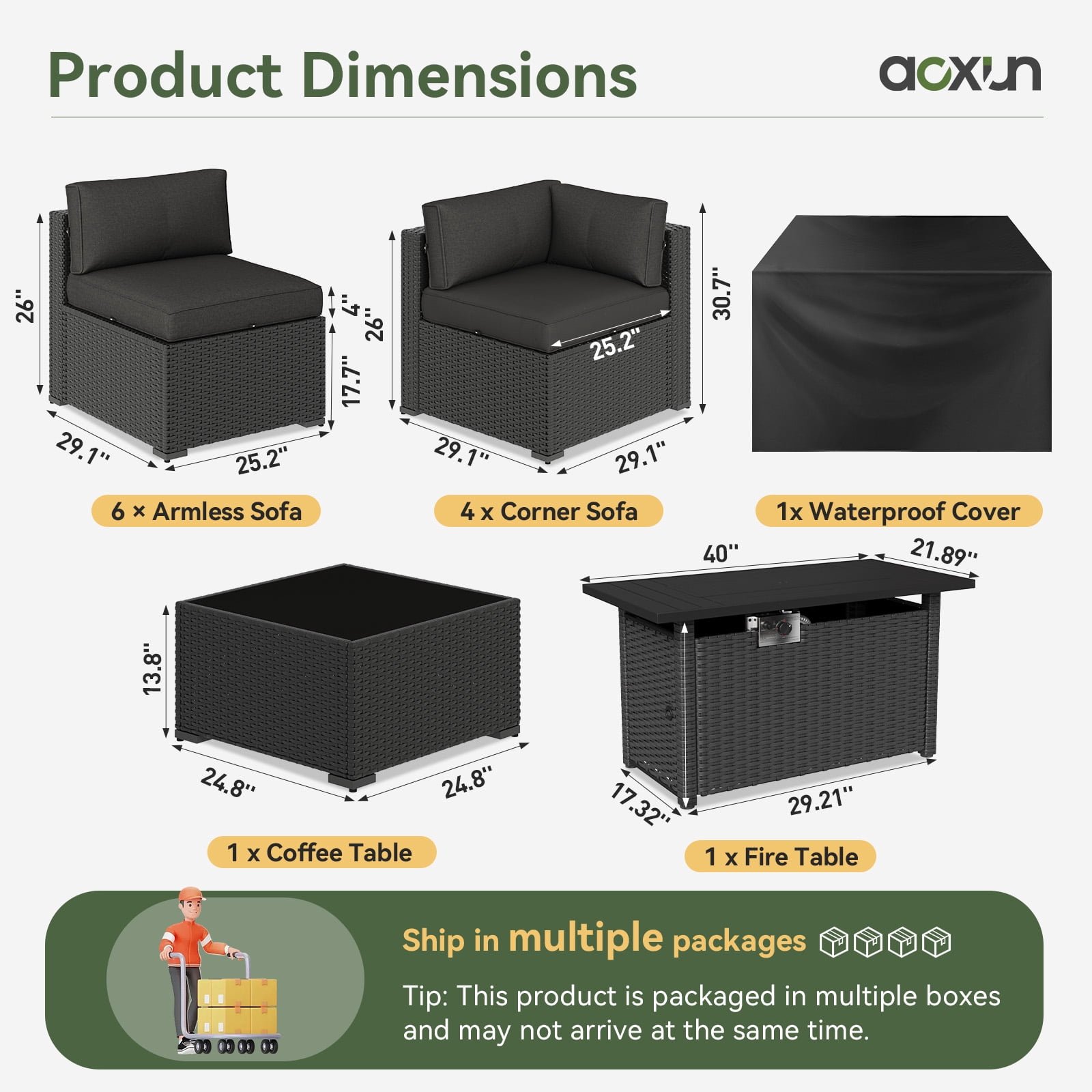 Aoxun 12 Piece Patio Furniture Set with 44” Fire Pit Table Wicker Rattan Patio Sectional Sofa Set Outdoor Seating Furniture with Thickened Cushion, Black