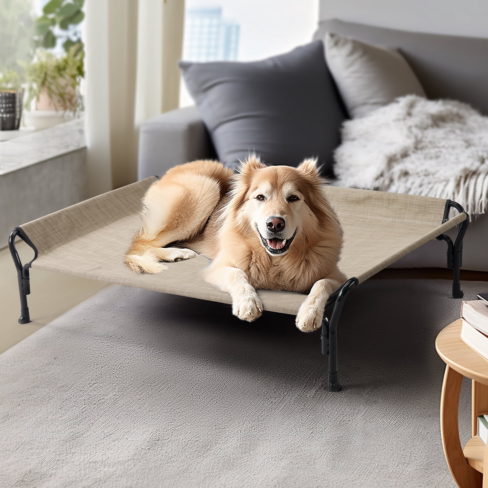 Veehoo Cooling Elevated Dog Bed with Guardrail & Slope Headrest, Teslin Mesh, X Large, Beige Coffee