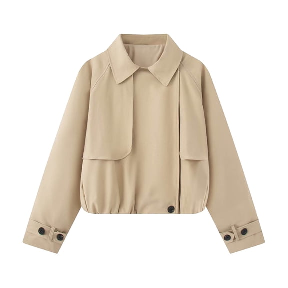 Women's Cropped Trench Jacket Long Sleeve Collared Button up Coat with Flap Pockets and Elastic Hem Casual Outerwear