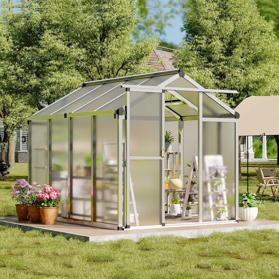 6x8 FT Walk-in Polycarbonate Outdoor Greenhouse, heavy duty aluminum frame with lockable sliding door and adjustable roof vent, easy assembly for backyard garden planting