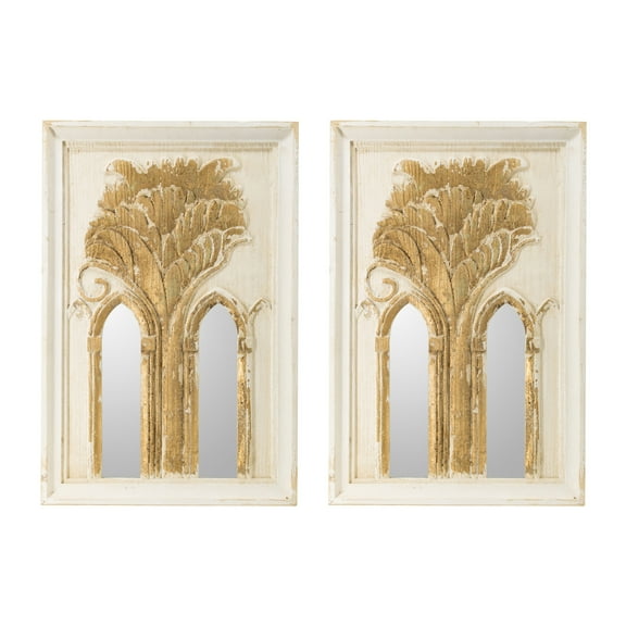 A&B Home Framed Palm Wall Mirrors with Arch Details - Set of 2 - Washed White, Gold Finish