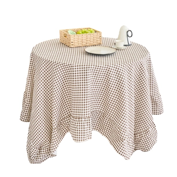 Mantel estilo rústico con estampado a cuadros y bordes con volantes, redondo, de tela de lino y algodón suave.