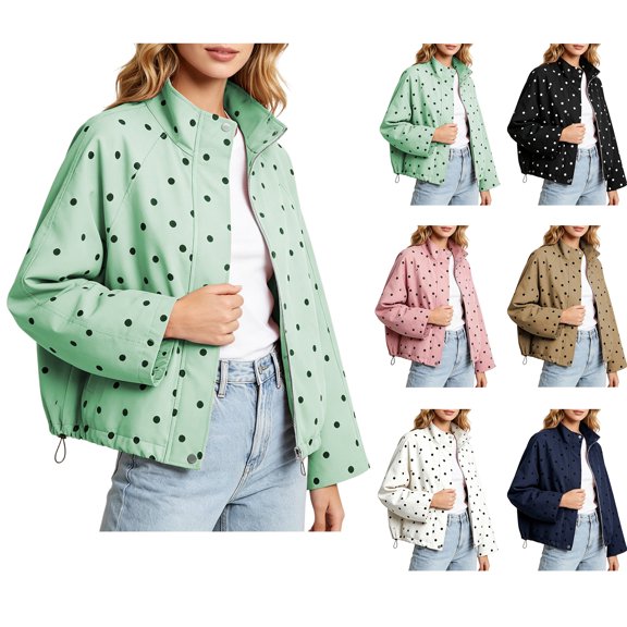 Qiggri Women's Polka Dot Stand Collar Zip Up Casual Jacket Snap Accent Drawstring Hem Long Sleeve Outerwear Coat for Spring Fall Vacation Travel Office Casual 2026 L