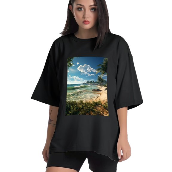 Plus Size Shirt for Women Black Tops for Women Short Sleeves Shirt for Women Seaside (28) T Shirt Crewneck Shirt for Women XS