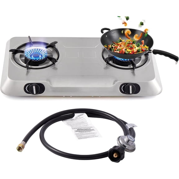 Propane Stove 2 Burner Gas Stove,Portable Stainless Steel Stove,Auto Ignition Camping Dual LPG for RV, Apartment, Outdoor