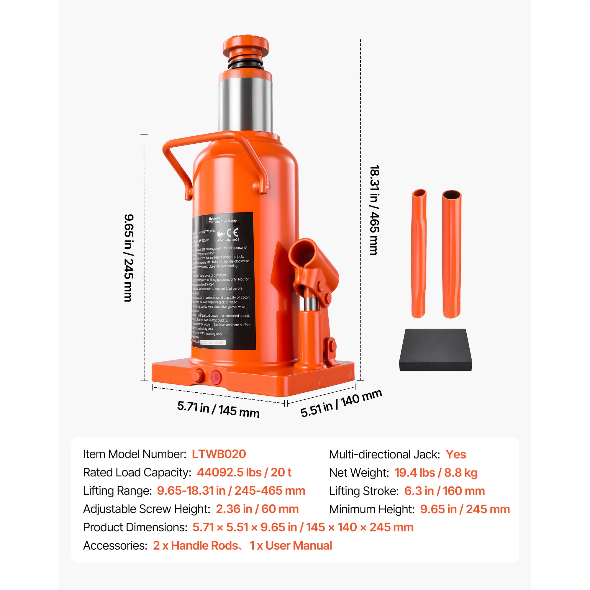 KFFKFF Hydraulic Bottle Jack 20 Ton (44092.5 lbs) Capacity, 9.65"-18.31" Lift Range, Suitable for Construction Vehicles, Heavy Trucks, Buses,Durable Multi-Directional Jack with Extended Handle