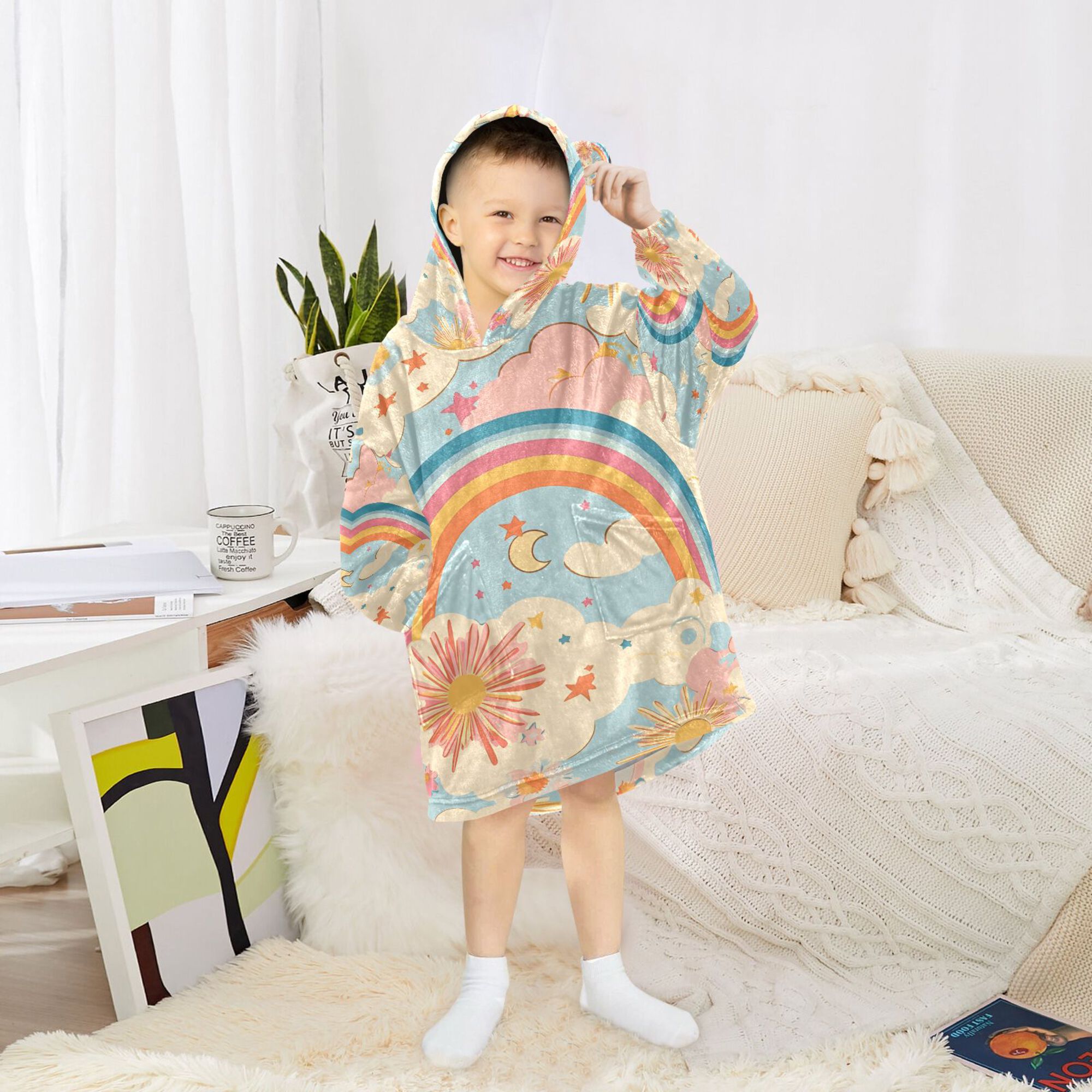 FORMRS Wearable Blanket Hoodie with Sleeves for Kids Cozy Flannel Sweatshirt, Pink Retro Sun