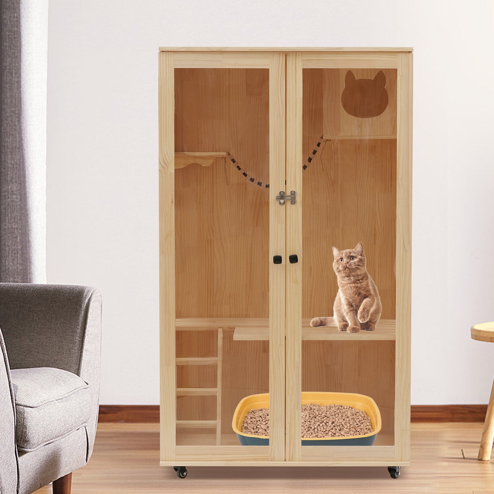 Large Wooden Cat House with Wheel, Luxury Multifeature Cat Condo with