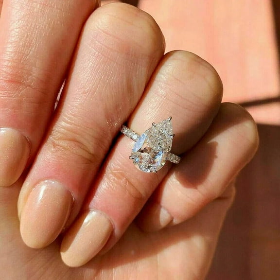 3ct Pear Cut Lab Created Diamond Engagement Wedding Ring 14K White Gold Plated Silver