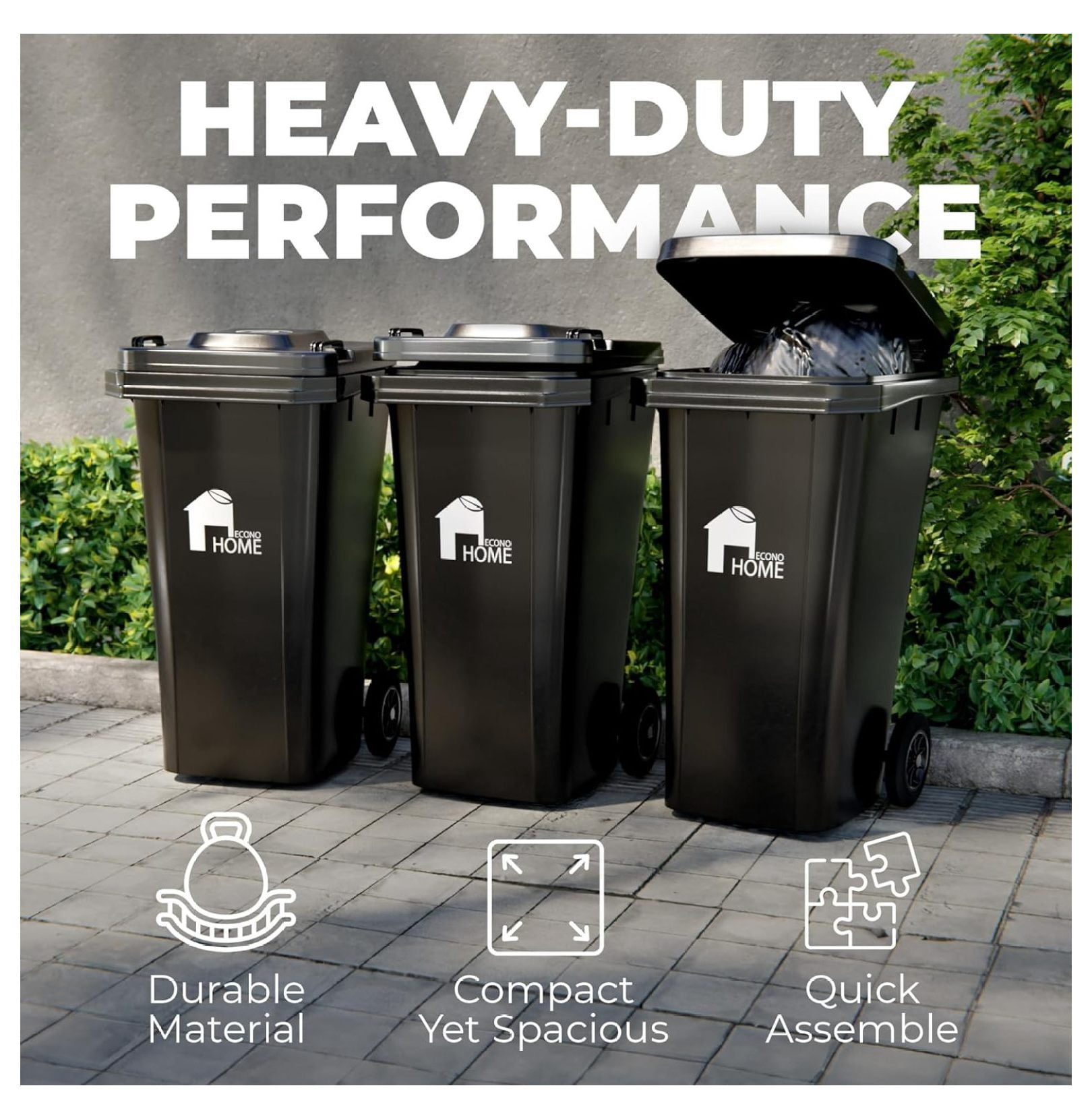 Outdoor Garbage Can with Lid - 32 Gallon Trash Can for Backyard, Deck, Garage - Dual Wheels, Extra Heavy-Duty, Durable Handle - Versatile Home & Storage Container - Black, 2-Pack
