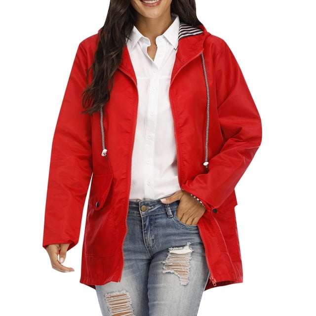 Veste de Pluie Solide pour Femmes, Grande Taille, à Capuche, Coupe-Vent, Manteau Ample, Anoraks Rouges P