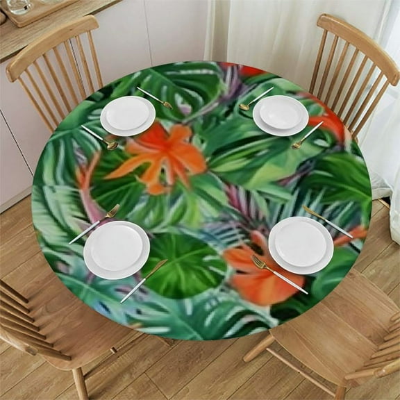 Green Round Tables Tablecloth Table Cloth Rainforest Jungle Foliage Pattern Fitted Round Tablecloth