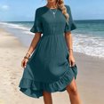 thumbnail image 5 of Dolkfu Retro Vintage Women Clothing Green Mid-Length Crew Neck Short Sleeve Dresses Vacation-Inspired Solid Regular Modern Peasant Dresses Green,Xl, 5 of 6