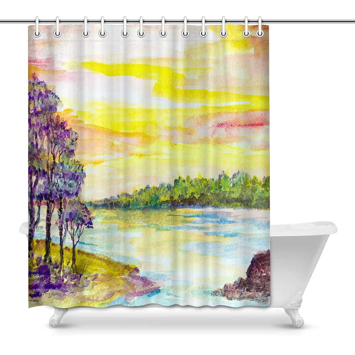 Watercolor Vintage Label With Ship Shower Curtain Liner Waterproof Fabric/& Hooks
