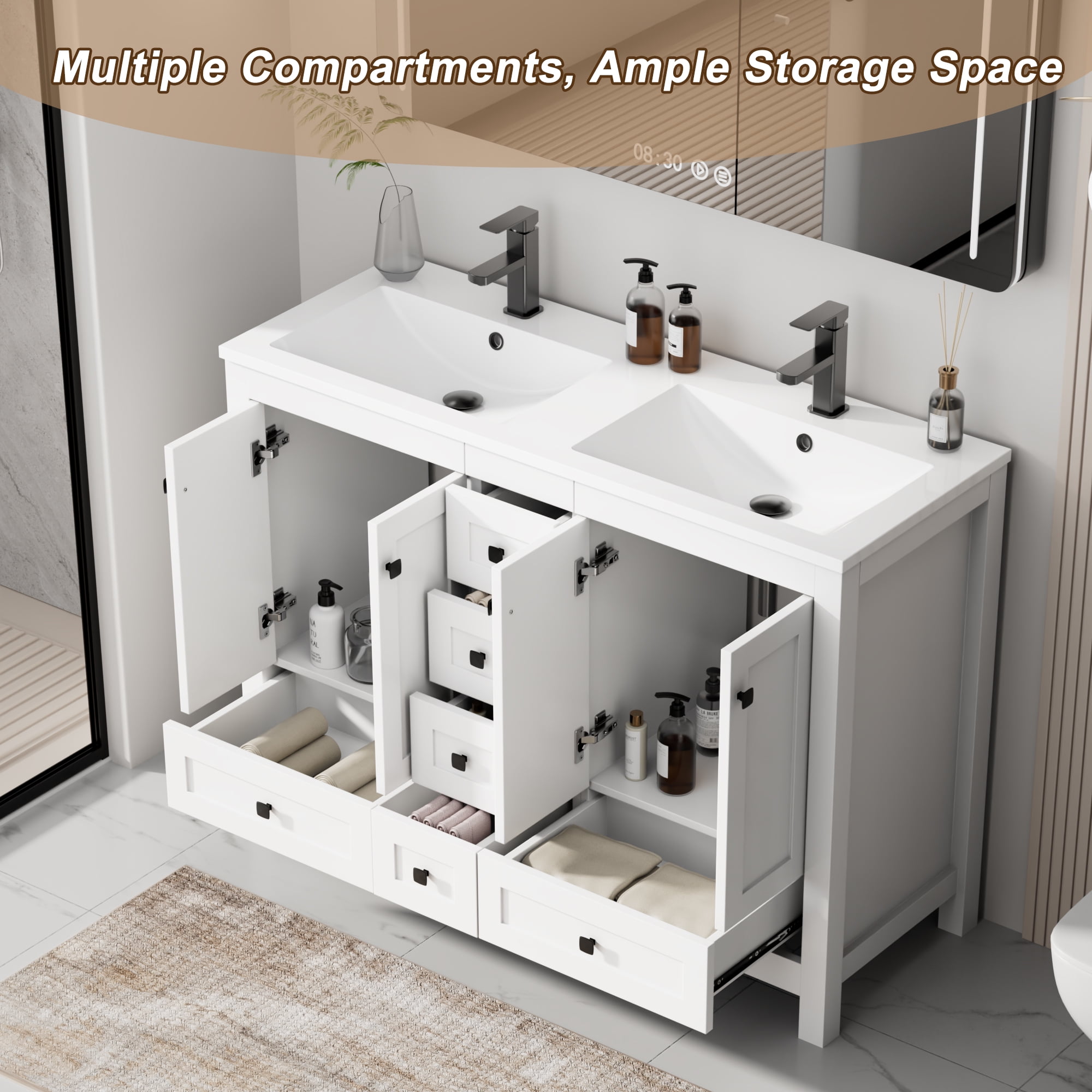Eclife 48" Freestanding Bathroom Vanity Set with Resin Double Sink Top, PU Paint, Water Saving Faucet, White