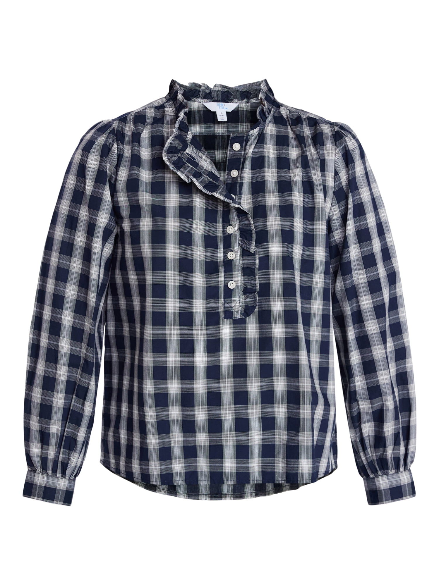 Time and Tru Women's Ruffle Neck Button Front Cotton Shirt with Long Sleeves, Sizes XS-XXXL